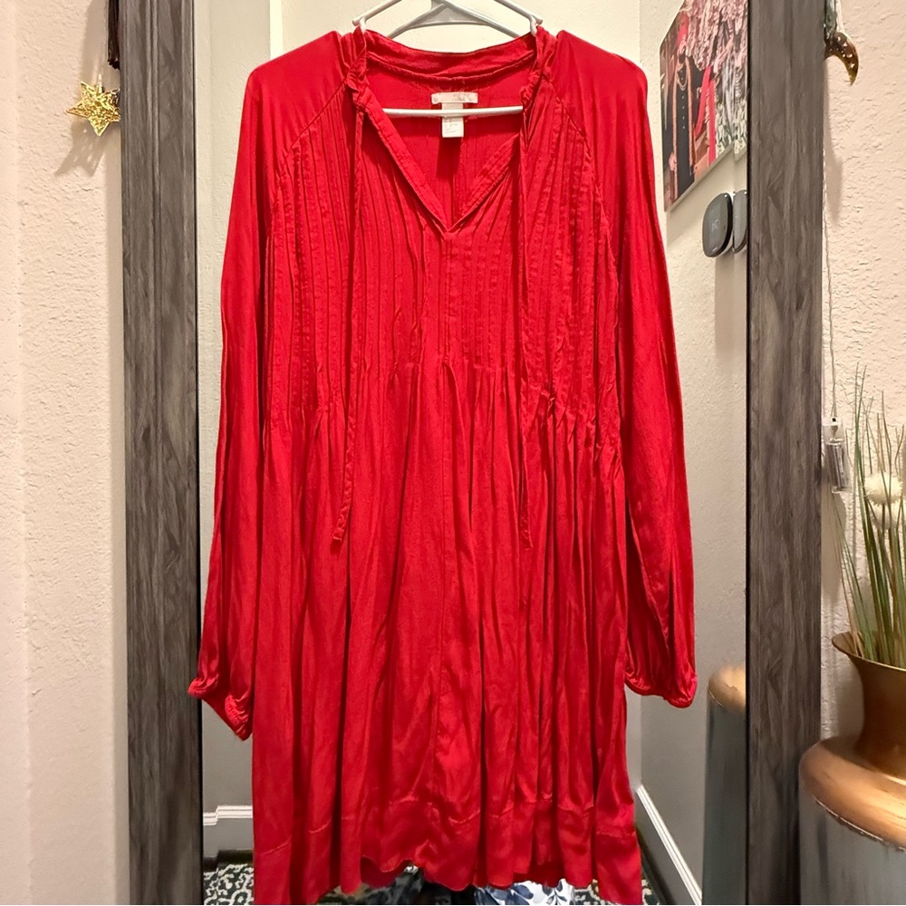 H&M Red Boho Long Sleeve Pintuck Peasant Dress Size 10